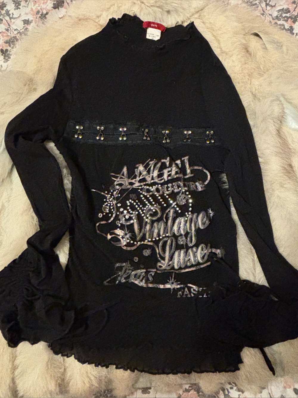 Vintage Punk Emo Goth Print Mesh Long Sleeve w/ Silver Hooks Studs and Ties
